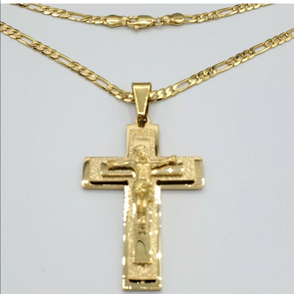 NEW men crucifix Jesus gold plated cross necklace - Picture 2 of 4